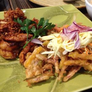 Sweet and sour shrimps served with vegetable ukoy