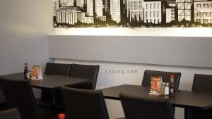 table setup near wall decor