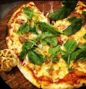 Crispy, hot-off-the-oven pizza